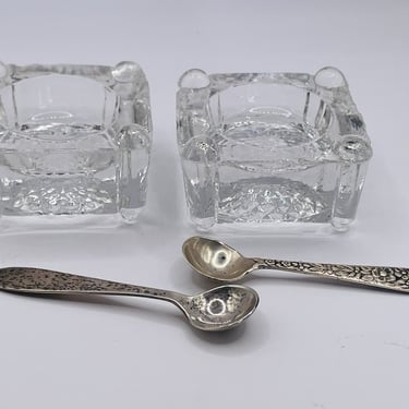 Vintage Heavy Glass Open Salt Master Cellar Dip- Pair of Sterling Spoons- 1930's 