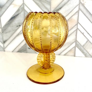 Vintage LG Wright Glass Beaded Amber Ivy Bowl, Pressed Honey Gold Glass, Pedastal Ribbed, Flower Globe, Retro Vintage Vase Compote Glassware 