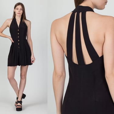 90s Rampage Black Strappy Back Romper - Extra Small | Vintage Sleeveless Button Up Mini Halter Playsuit 