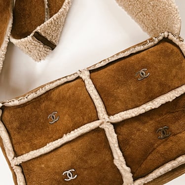Vintage 90's CHANEL CC Charms Brown Beige SHEARLING Fur Lambs Wool Suede Leather Crossbody Shoulder Bag Purse 