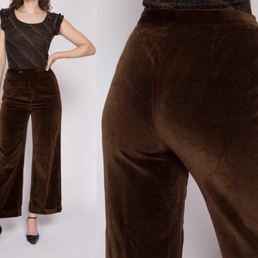 M| 70s Chocolate Brown Velvet Pants - Medium, 28" | Vintage High Waisted Wide Leg Cuffed Trousers 