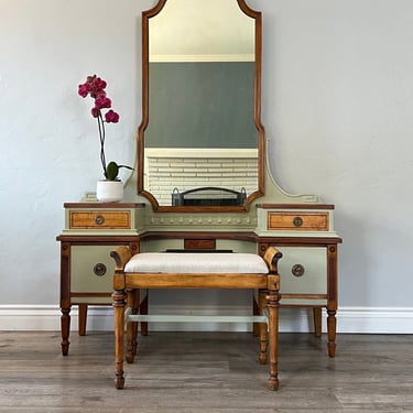 Two-Toned Restored Antique Make-up Vanity with Mirror 