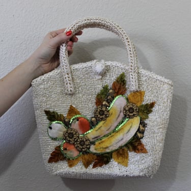 Vintage 1950s 60s White Straw Raffia straw Made in Italy Fruit Salad Basket Tote Purse Hand Bag 