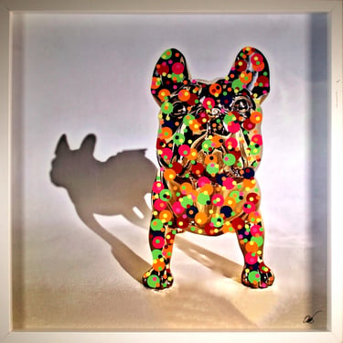 Frenchie Shadowbox Print Colorful Dots Signed Krista Reay Berman 