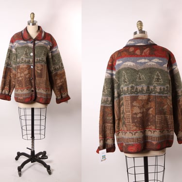 1980s 1990s Red, Brown and Green Novelty Outdoor Scenic Fall Trees Button Down Jacket by Gina Peters -L 