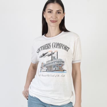 Southern Comfort T-Shirt, Paper Thin White Tee, Vintage 70s Hanes, Unisex Alcohol Ringer Top 