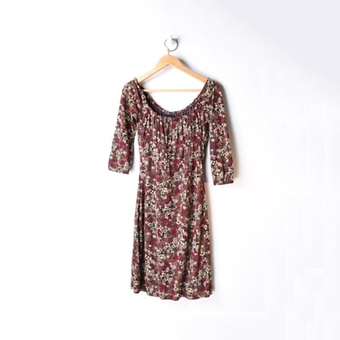 S // Vintage y2k Brown & Dark Red Printed Dress - Ruched, Light, Summer 