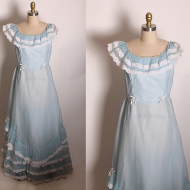 1970s Blue and White Sleeveless Draped Collar Lace Trim Full Length Formal Prom Bridesmaid Dress -L 