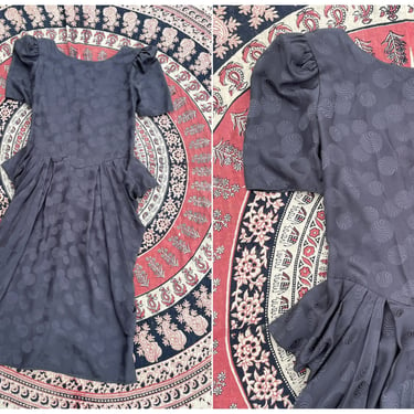 Gorgeous gray jacquard silk dress, vintage ‘80s, pleated &amp; draped hips | Tulia designer, swirl polka dot, gathered shoulders, M 