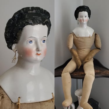 Antique China Head Doll - 25" Tall - with Visible Ears, Earrings and Ornate Bun Hairstyle - Antique German Dolls - Collectible Dolls 