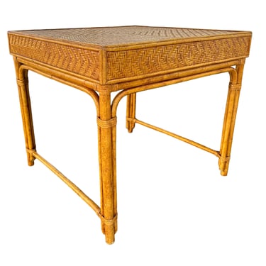 Large Bamboo End Table with Woven Rattan Wicker 28x28x25" High- Square Accent Side Cocktail Server Hollywood Regency Coastal Boho Chic Style 