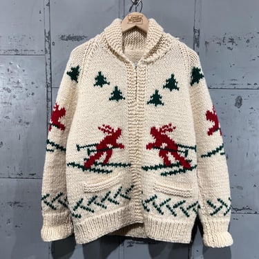 L 60s Skiing zip up cowichan sweater vintage hand knit handmade chunky heavy Christmas ski skiing winter 