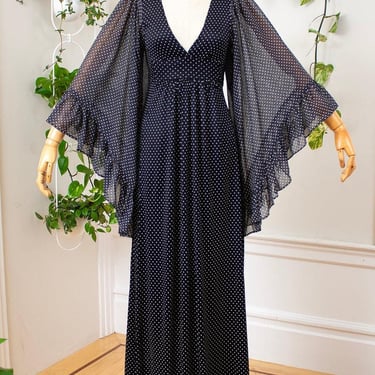 Vintage 1970s Maxi Dress | 70s Polka Dot Black Angel Sleeve Maxi Bohemian Goth Gown | x-small/small 