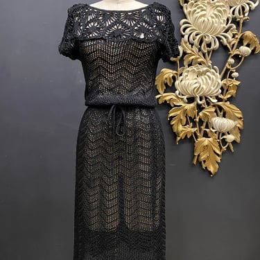 Oscar de la renta knits, black crochet, 1970s designer, 70s does 20s, sheer knit, spider web, flapper style, see through, cap sleeve, medium 