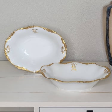 Antique Limoges Serving Bowls Gold and White Jean Pouyat Fine China - Set of 2 