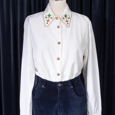 1980s City Girl by Nancy Bolen Embroidered, Embellished, and Bedazzled White Button Down Shirt 