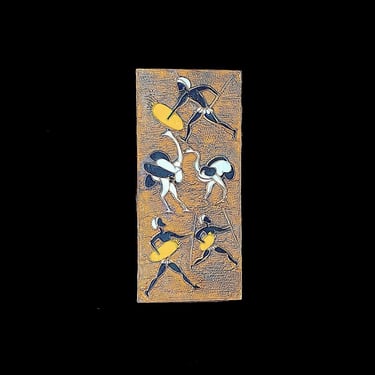 Vintage Mid Century Modern 1960s Copper & Enamel Wall Plaque Art w/ African Warriors and Ostriches 