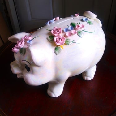 VINTAGE Ceramic Rose Piggy Bank 