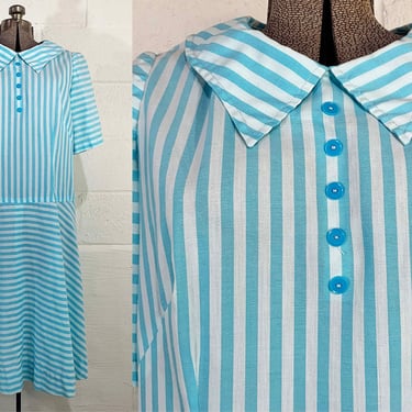 Vintage Baby Blue Striped Dress Collar Stripe Short Sleeve Curvy Volup Plus Size Large XL 1XL XXL 1X 1960s 