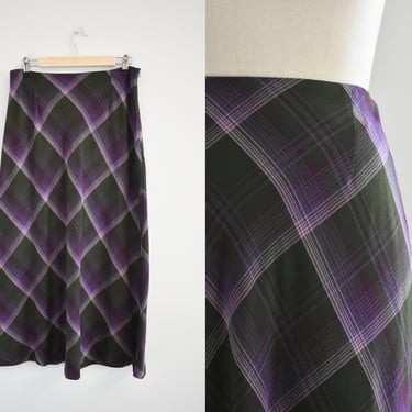 1990s Purple and Dark Olive Plaid Midi Skirt 