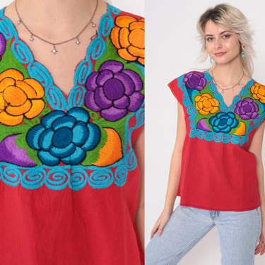 Mexican Embroidered Top 90s Red Floral Blouse Turquoise Peasant Hippie Short Sleeve Shirt Summer Boho Festival Vintage 1990s Small S 