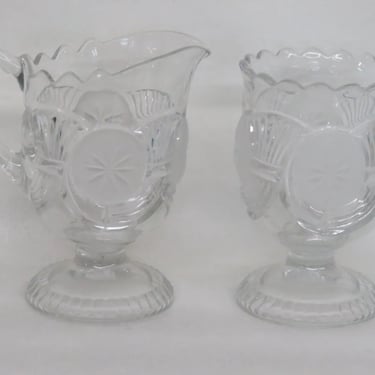 EAPG Glass Horn of Plenty Frosted Circle Footed Creamer and Sugar Bowl Set 3725B