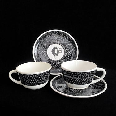 Vintage Mid Century Modern 1960s 2 Cups and Saucers Italian Mancioli Black Cockerel Rooster Cock Italy Black & White 