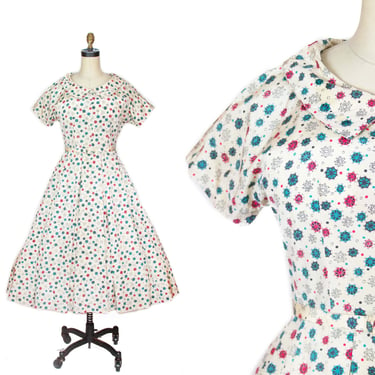1950s Dress ~ Atomic Snowflake Rayon Full Pleated Skirt Short Sleeve Dress 