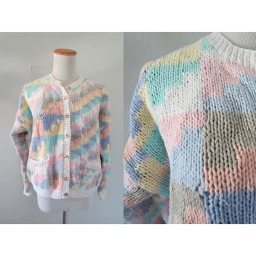 Vintage Pastel Rainbow Sweater Chunky Knit Cardigan Button Up 1980s 80s Colorful Thick Oversized - Size Medium 