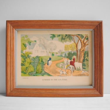 Vintage Currier and Ives Summer in the Country Print of a House and People on Horseback 
