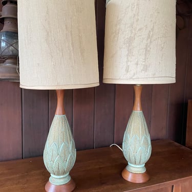 Vintage F.A.I.P. Chalkware Leaf Lamps Turned Wood Bases, Necks Mid-Century Era 