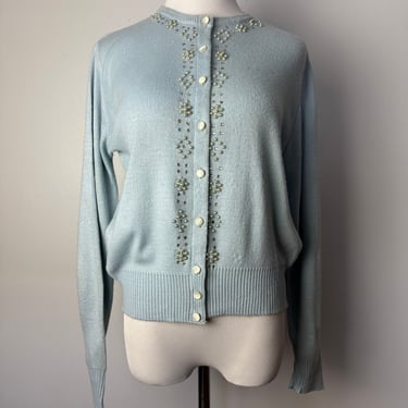 Vintage beaded cardigan sweater~ 1960’s baby blue with pearly beads & rhinestones ~orlon  size SM-Med 
