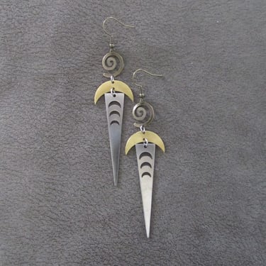 Long geometric earrings, mixed metal earrings, celestial 