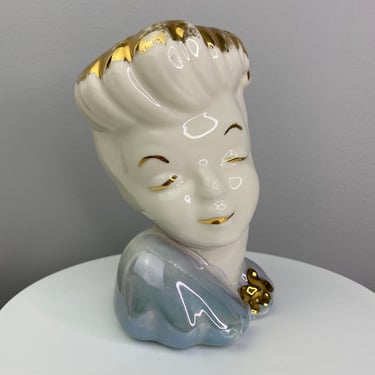 Vintage Lustrecraft 22k Gold Lady Head Vase | Glamour Girls Style Pinup Art Deco Lady head | Hollywood Regency Blue Gold Lady Head Planter 