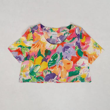 FLORAL LINEN BLOUSE Vintage Cropped Crop Top Short Sleeve Boxy Shirt Spring Summer 70's Oversize / Medium 