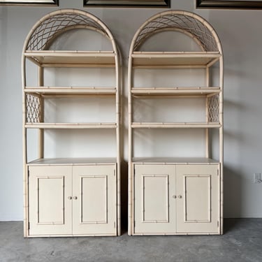 Pair of Vintage Palm Beach Ficks Reed-Style Wood and Rattan Arched Etageres 