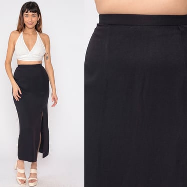 Long Black Skirt 90s Side Slit Maxi Skirt Simple High Waisted Party Retro Boho Chic Gothic Plain Ankle Length Vintage 1990s francais Small S 