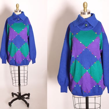 1980s Blue, Purple and Teal Green Long Sleeve Harlequin Bedazzled Pullover Sweater by R&K Originals 