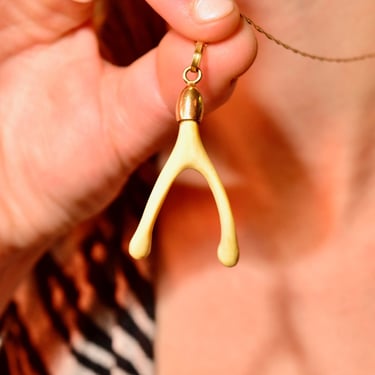 Vintage 18K Gold Wishbone Charm Pendant, Yellow Gold Cap & Bail, Epoxy Cast Bird Wishbone, Occultist Jewelry, 2 1/4