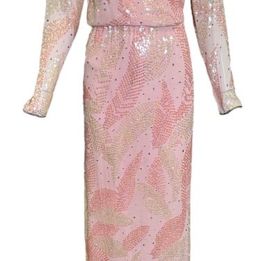 Halston 70s Pink Chiffon Feather Motif Sequin Gown