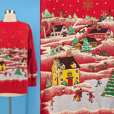 Vintage 90s Holiday Sweatshirt - Medium Red Christmas Village Sweatshirt - Vintage Ugly Christmas Sweater 