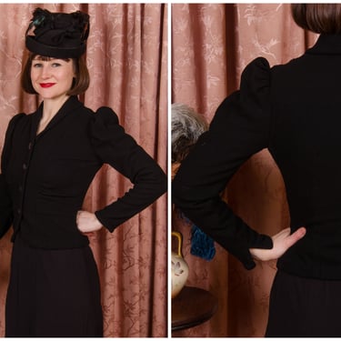 1930s Jacket - Gorgeous Vintage 30s Tailored Wool Jacket of Wool Crepe with Ruching and Peaked Shoulder 