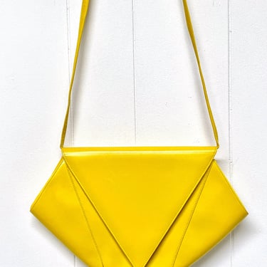 Vintage 1980s Charles Jourdan Bright Yellow Leather Envelope Purse, New Wave Shoulder or Cross Body Designer Bag, Made in Spain, VFG 