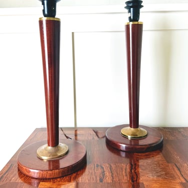 Vintage French Art Deco Wood Table Lamps with Brass Inlay, Pair