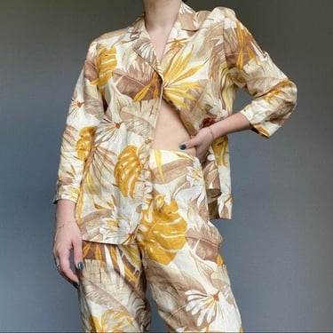 Ellen Tracy Yellow Linen Tropical Floral Summer Boho Hippie Button Down Trouser Set Sz M 