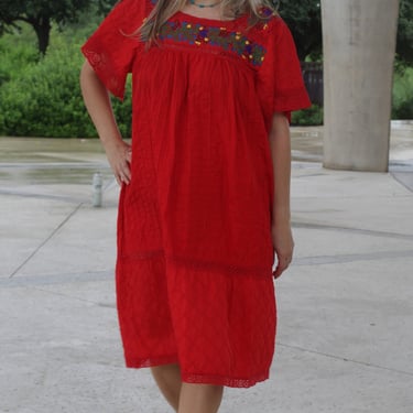 Vintage Mexican Dress, Red Cotton, Hand Embroidered, Crochet Trim, One Size Women 