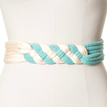 Vintage 1980s Belt | 80s DEADSTOCK NWT Braided Woven Cording Two Tone Color Block Blue White High Waisted Cinch Belt (small/medium/large) 