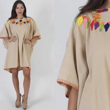 Traditional Mexican Caftan Dress / Vintage Gautemalan Woven Canvas Kaftan / Beige Oversized Beach Cover Up 