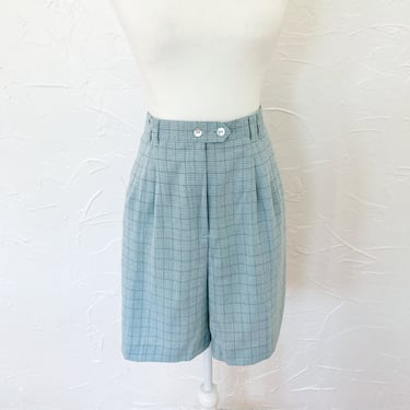 80s Blue Green Plaid High Waisted Mother of Pearl Button Shorts | Large 33