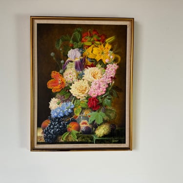 1970's Ellayr Still Life With Flowers And Fruits Oil Painting, Framed 